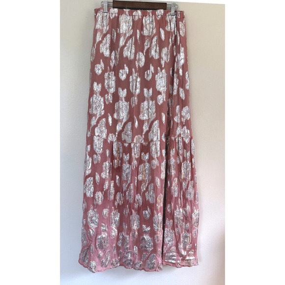 Unbranded Dresses & Skirts - Women's Floral Metallic Silver Jacquard Tiered Lined Elastic Waist Maxi Skirt